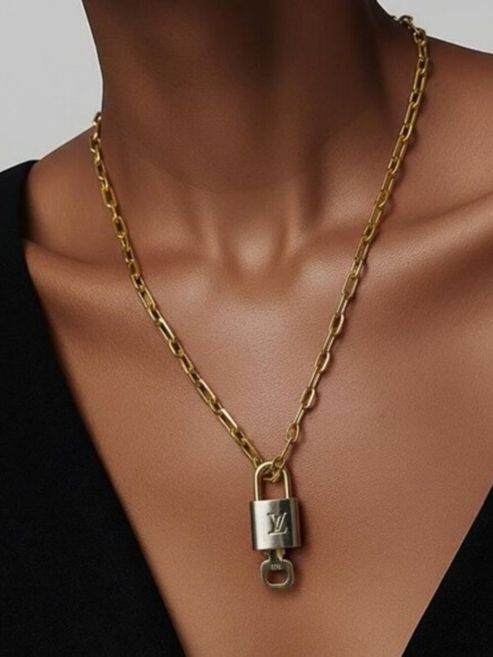 Authentic Louis Vuitton Gold Padlock w/Unbranded Stainless Steel Chain Necklace